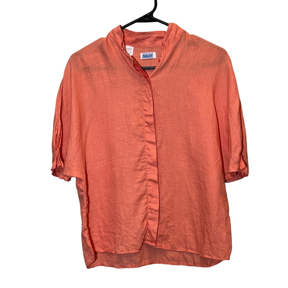 Vintage Sisley Coral 100% Italian Linen Dolmen Sleeve Button Up Top‎ Size Large